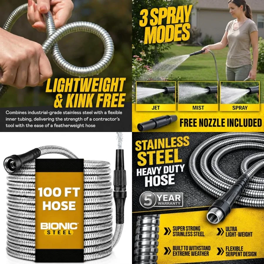 

100 Feet Metal Garden Hose with Sprayer Nozzle, Non Kinking Designed Stainless Steel Heavy Duty Water Hose 100 Feet x 5/8 in. F