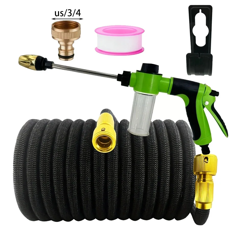 

Black telescopic water pipe set, including 3/4 inch copper connector, foam spray gun, PTFE tape and storage rack