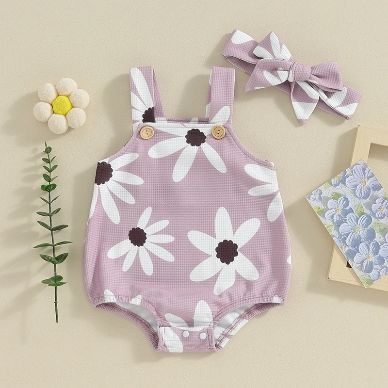 

Newborn Baby Girl Summer Clothes Waffle Knit Sleeveless Strap Daisy Romper Bodysuit Jumpsuit Cute Infant Clothing