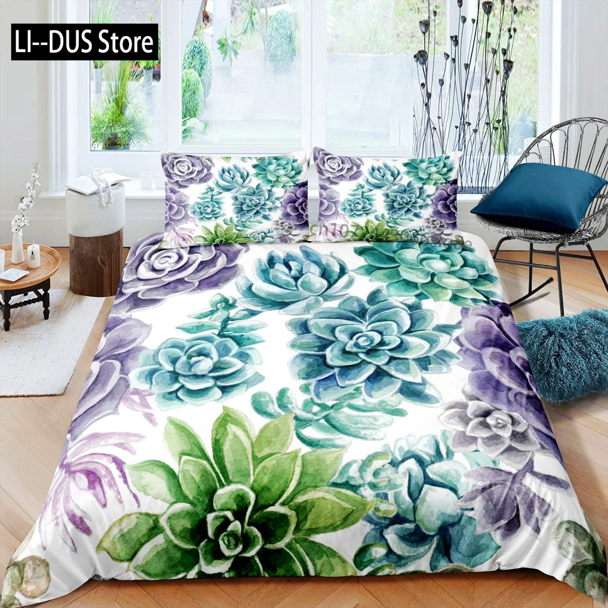 

Succulents Bedding Set, Green Plant Duvet Cover,Tropical Botanical Comforter Cover,Quilt Cover for Bedroom Decor, Full Size 3pcs