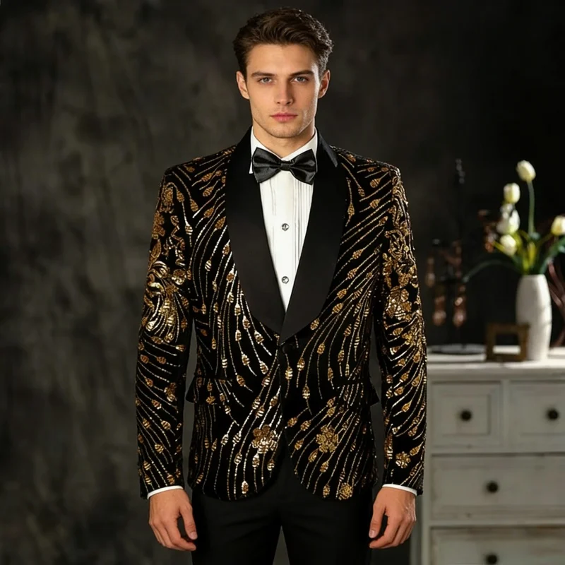 

Men's Black Gold Sequins Velvet Suit Jacket Slim Tuxedo Blazer for Groom Wedding Party Banquet Singer Concert Host Stage Wear