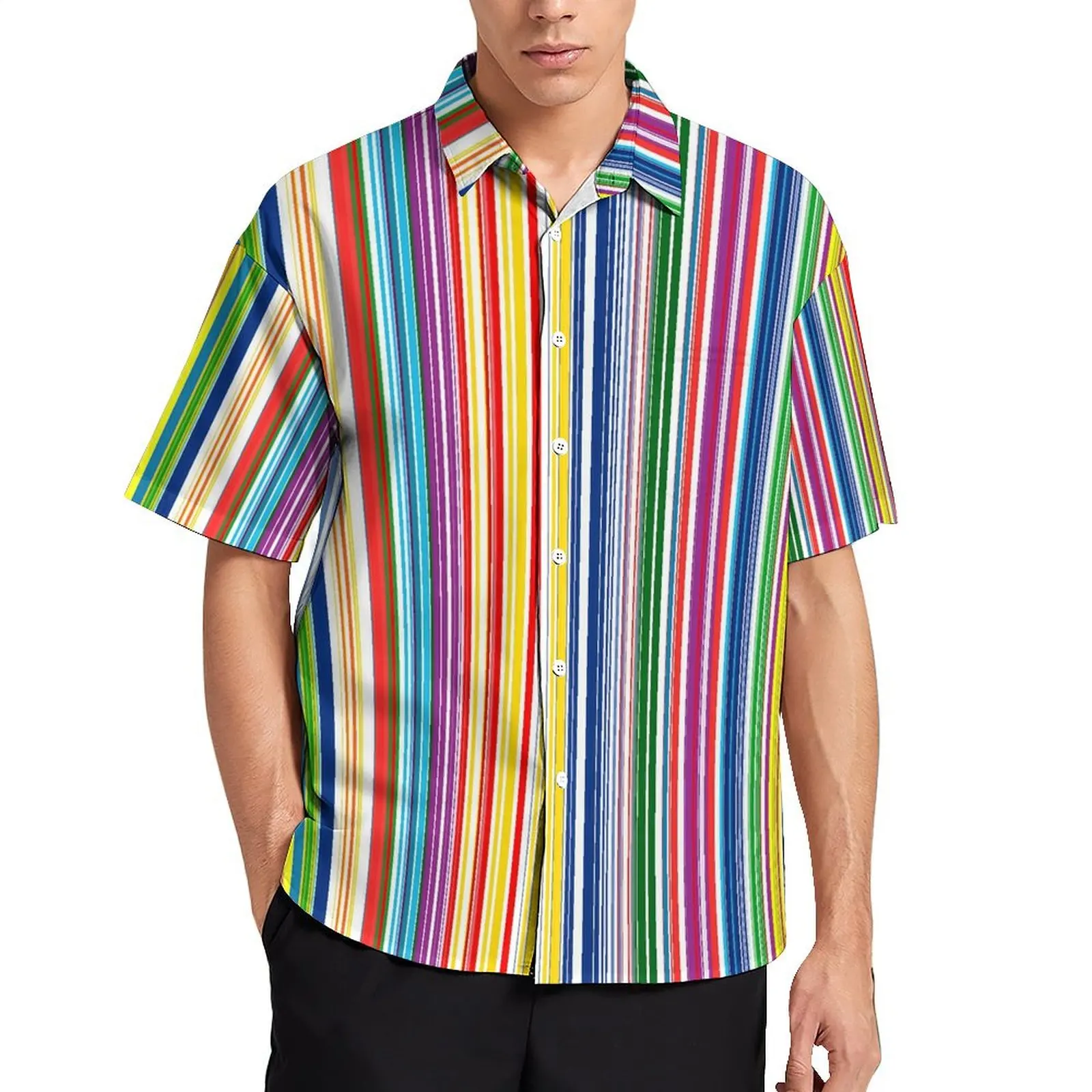 

Rainbow Stripes Beach Shirt Colorful Lines Print Hawaiian Casual Shirts Mens Vintage Blouses Short-Sleeve Fashion Design Top