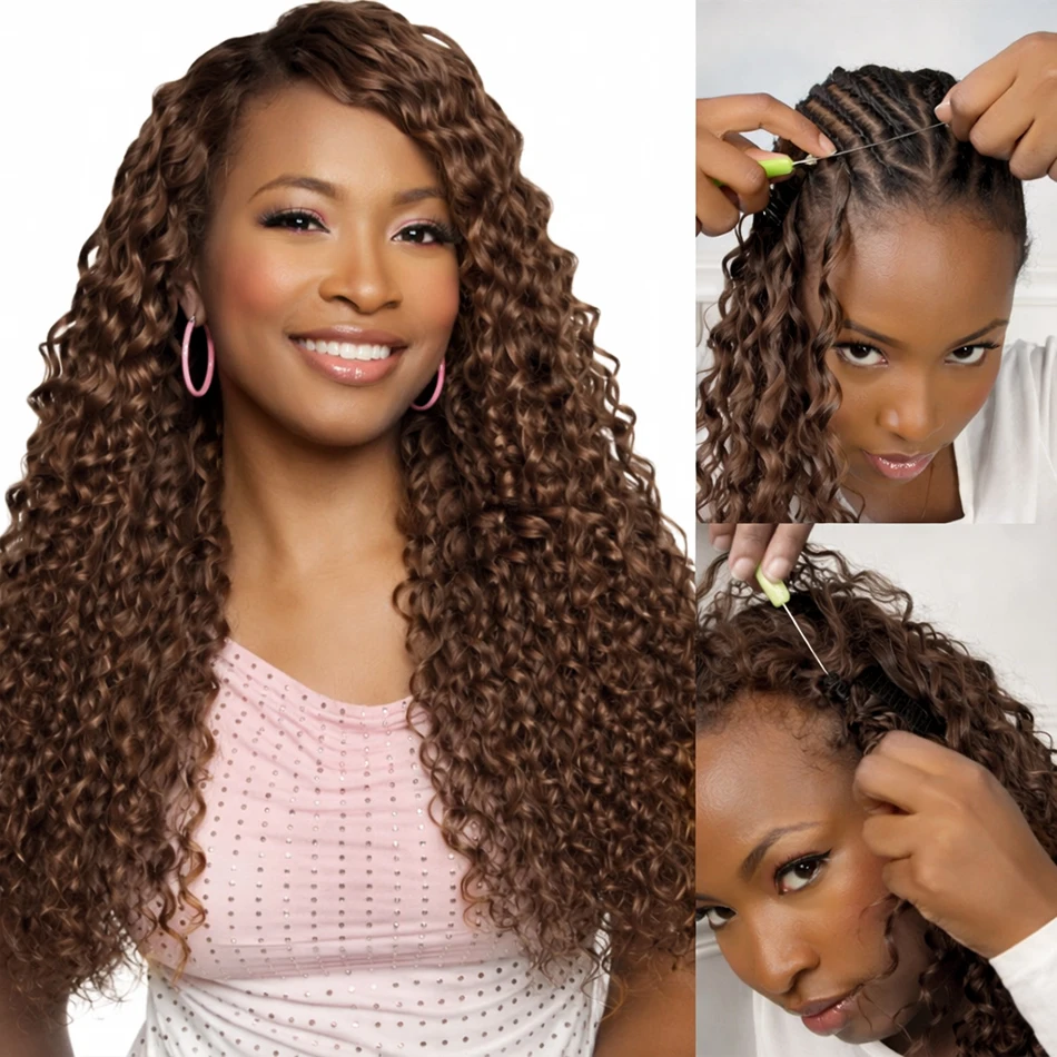 

Глубокие волны, вязанные крючком человеческие волосы, 60 г, невидимые человеческие волосы без узлов, вязанные крючком для чернокожих женщин # 4 каштановых плетения волос