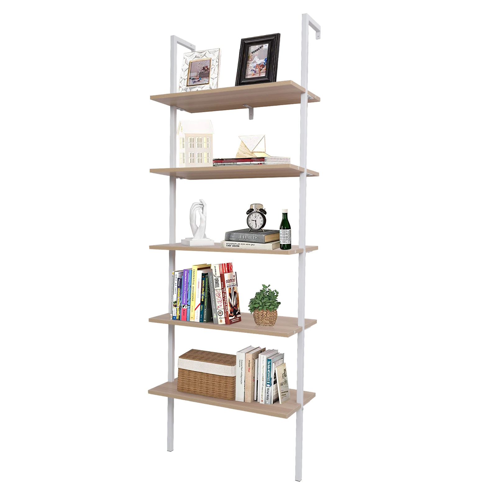 5-Shelf Wood Ladder Bookcase with Metal Frame, Industrial 5-Tier Modern Ladder Shelf Wood Shelves,Walnut