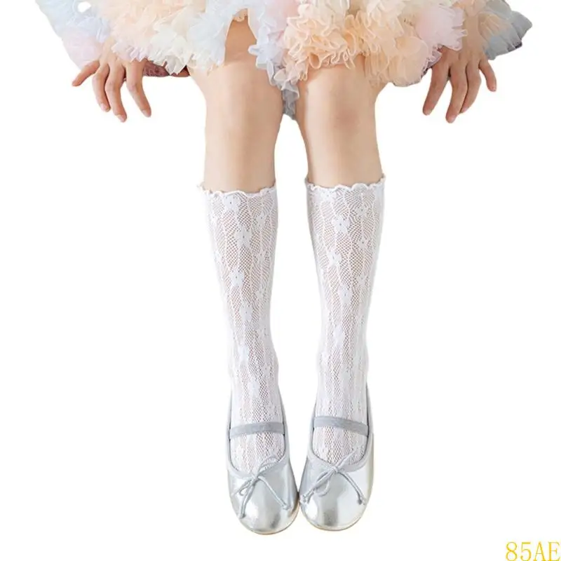 85AE 1 Pair Children's Socks Spring/Summer Thin Hollowed Out Flower Mesh Socks Sweet Girls Stackable Stocking
