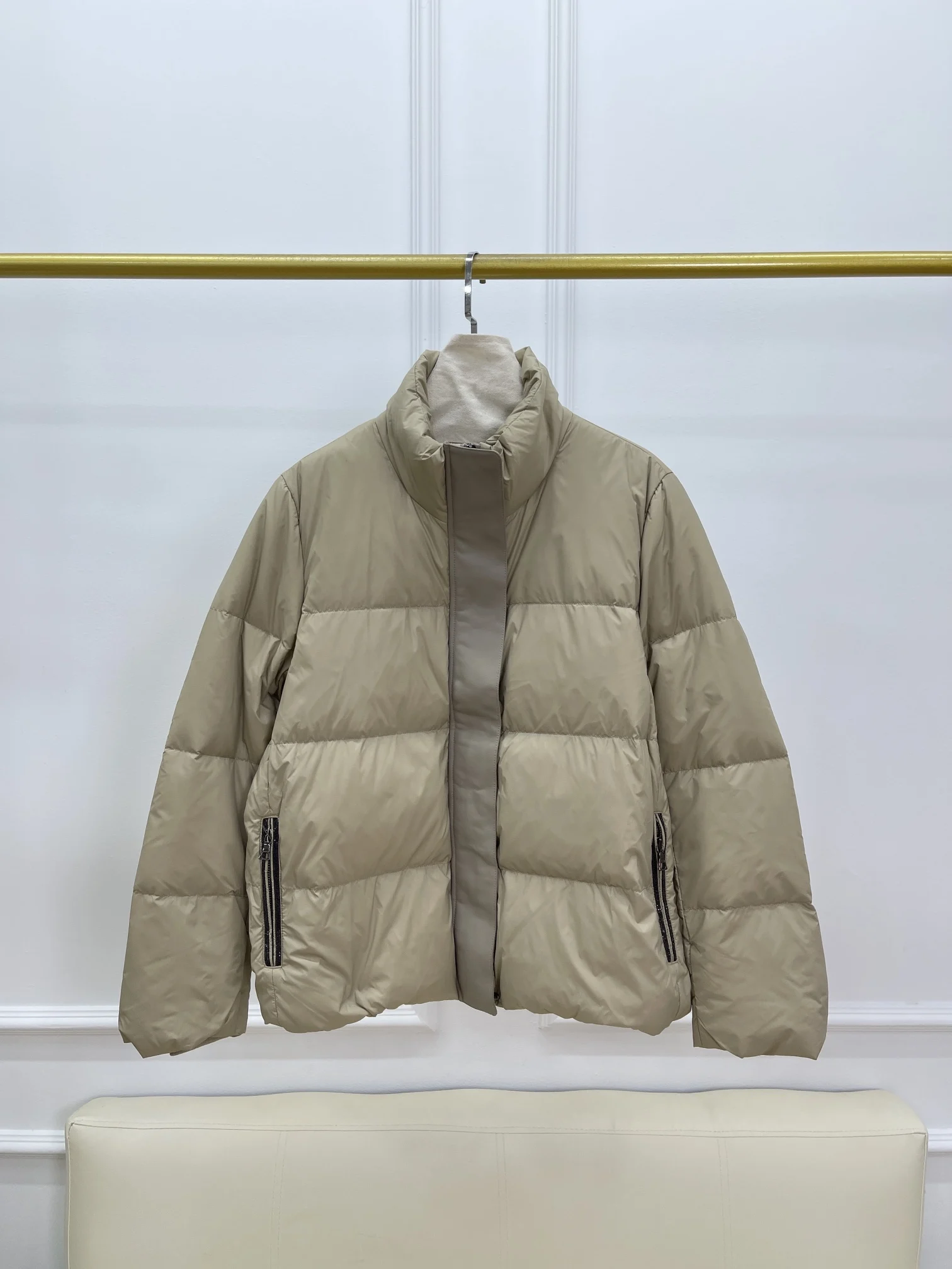 

Leather Stitching Women Down Jacket Winter Beaded Chain Pockets Stand Collar Long Sleeve Loose Coat