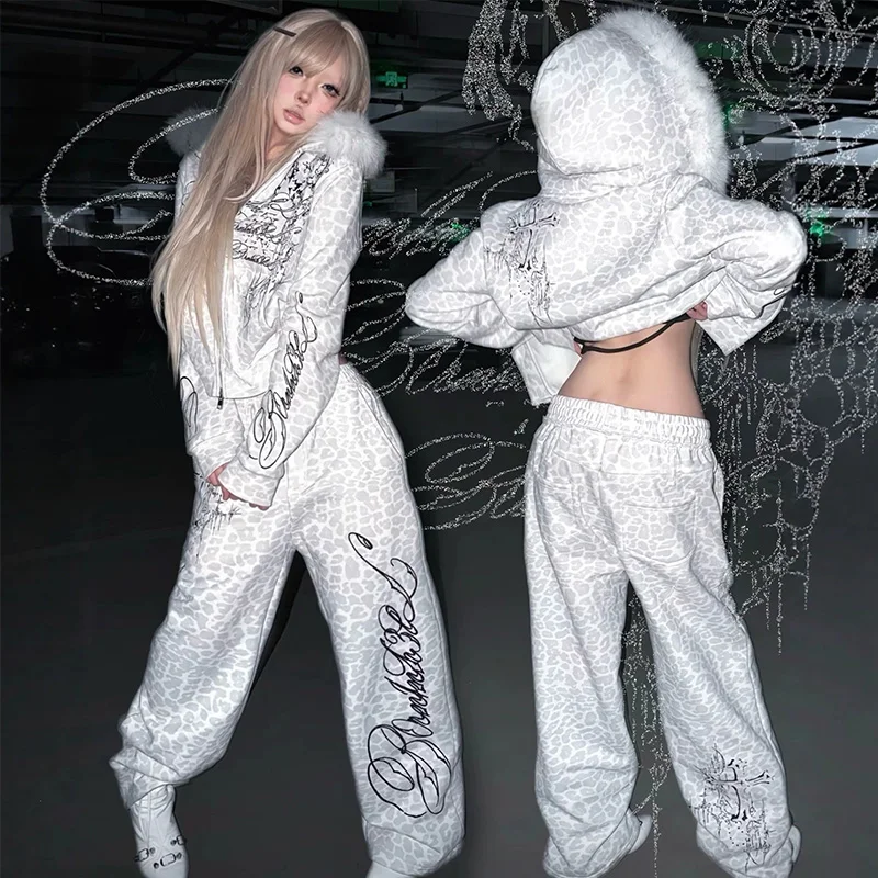 Winter Women's Y2K Gothic Streetwear Leopard Print Faux Fur Hooded Zip Up Cropped Oversized Long Sleeve 2 Piece Hoodies Sets image 4