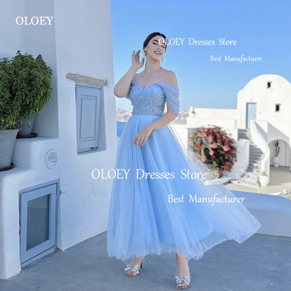 OLOEY Sexy Off the Shoulder Light blue Prom Dresses Pearls Sweetheart Tulle Ankle Length Women Evening Gowns Wedding Party