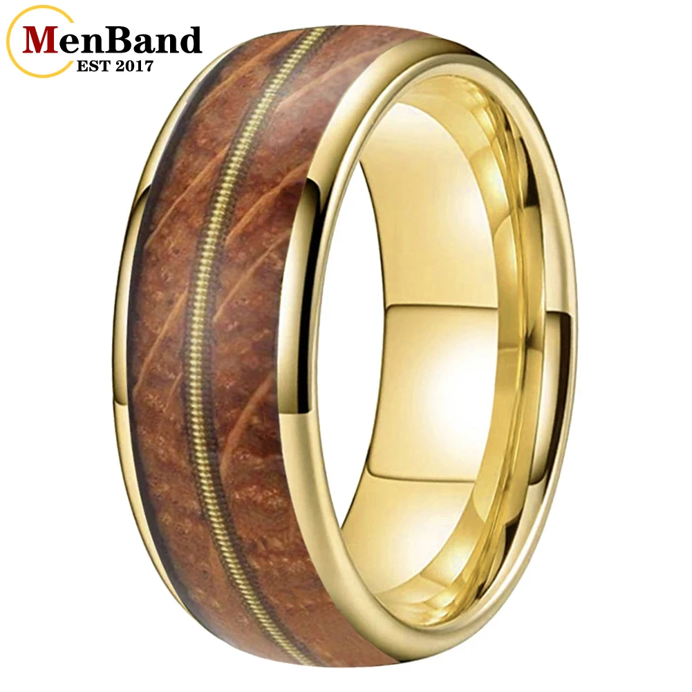 

MenBand 8mm Men Women Tungsten Carbide Wedding Band Guitar String Whisky Barrel Oak Wood Inlay Dome Polished Comfort Fit