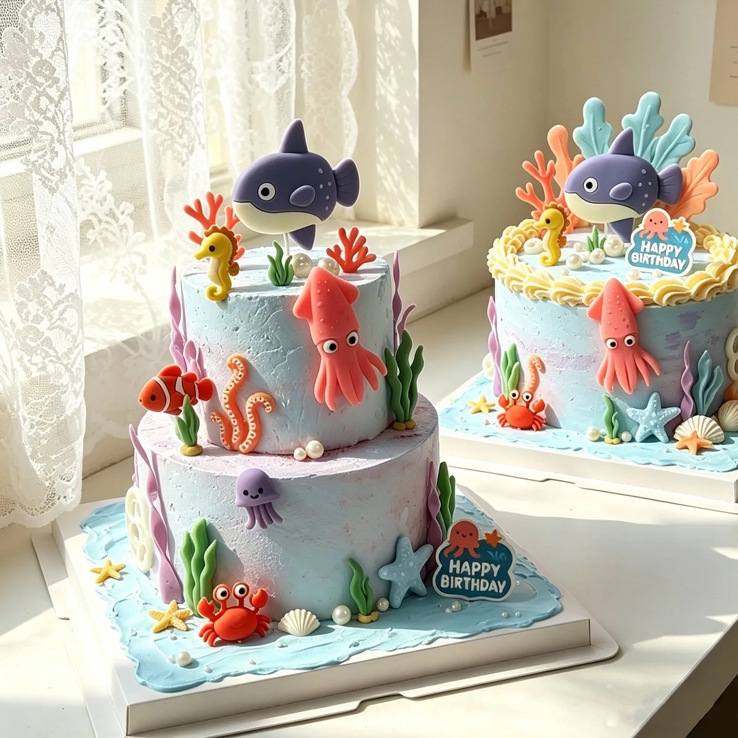 1Set Under the Sea Cake Decorations Mermaid Tail Cake Toppers Decor Seashell Sea Star Sea Plants Fish Mermaid Birthday Decor view 3