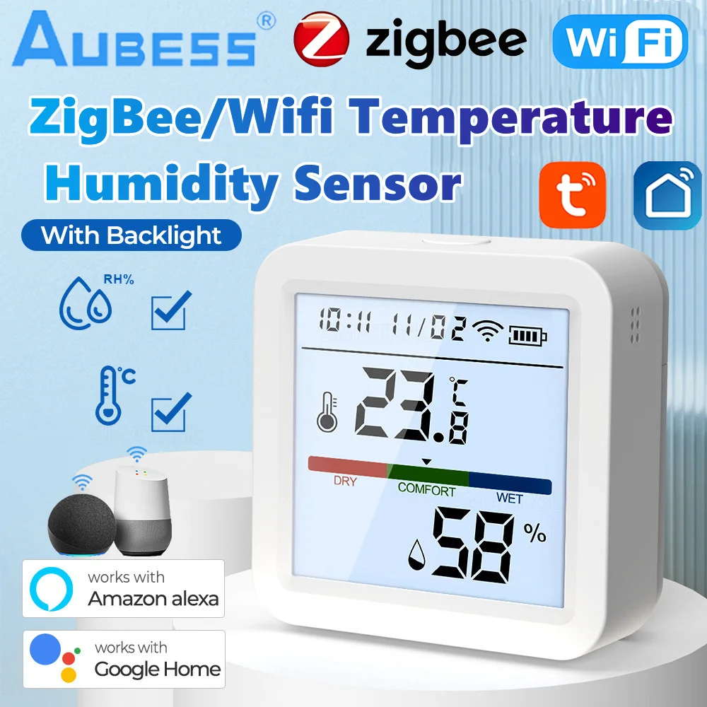 Tuya ZigBee WiFi Inteligente Sensor de Temperatura e Umidade, Retroiluminação, Higrômetro LCD, Termômetro, Controle de Voz, Via Alexa, Google Assistant