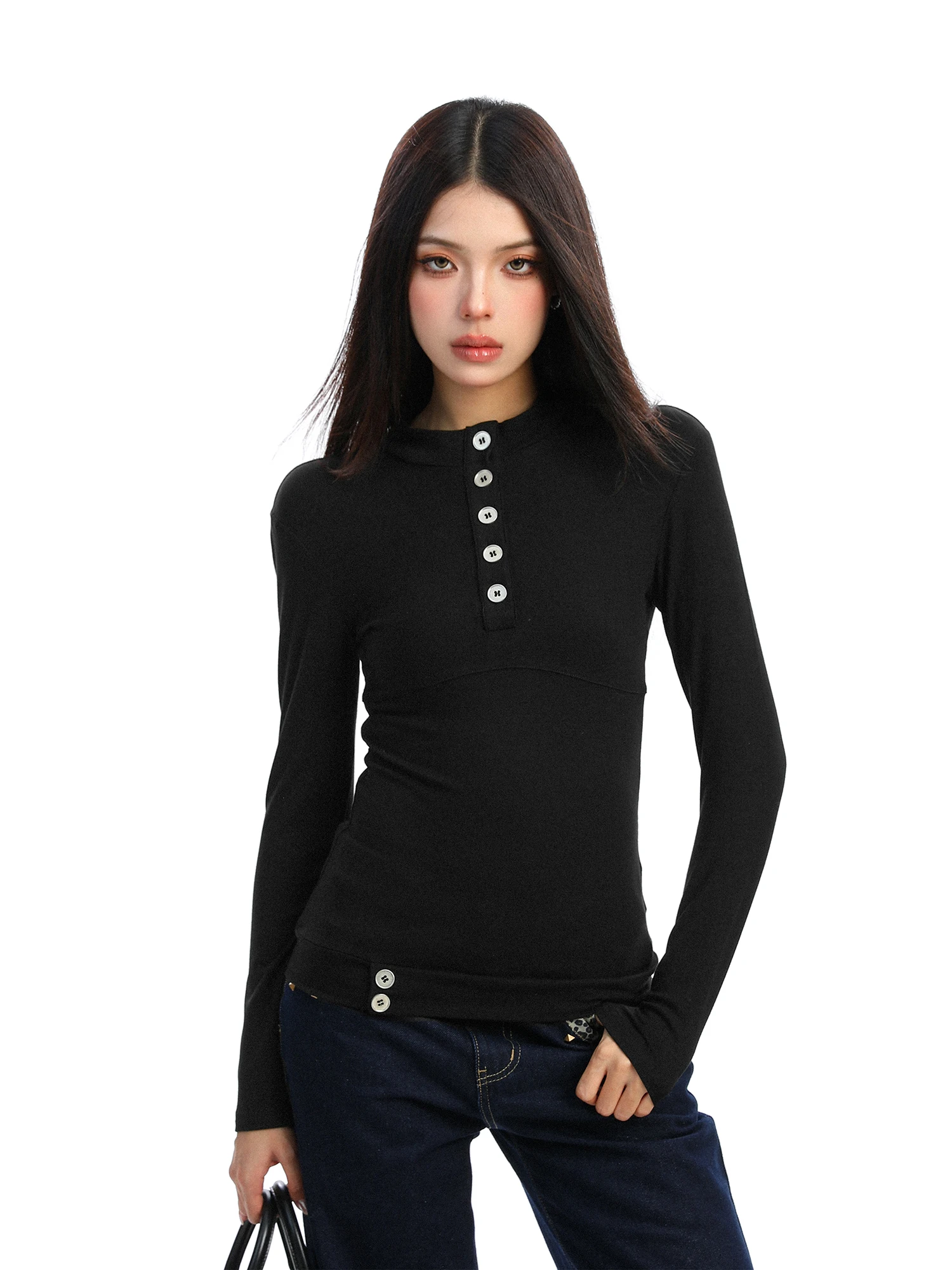 

Slim Fit Long Sve T-irt Women's Autumn Sle Button up Stand Collar Base irt Top Skin Friendly Breathable Universal Size