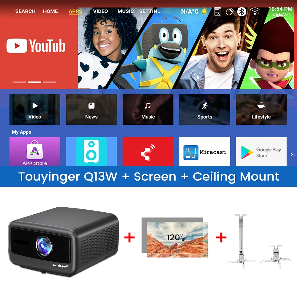 Touyinger Q13W 3800 Ansi Full HD 4K-projectoren Home Theater Video 3G 128G Smart TV Beamer voor films