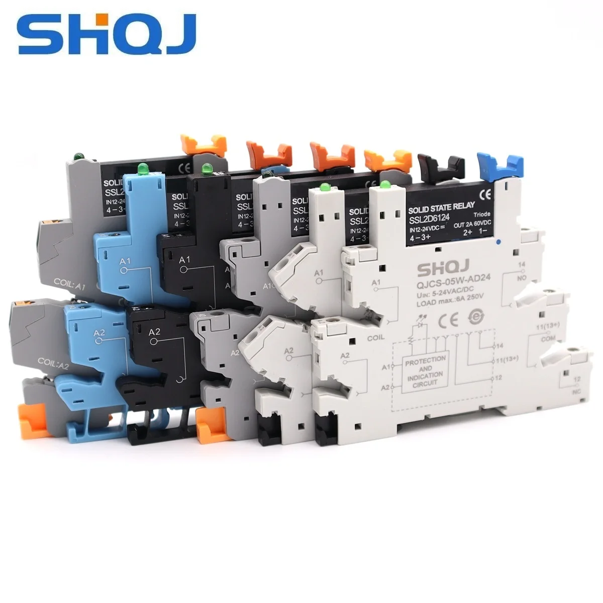 SHQJ DIN Rail Mount Interface SSR Slim Relay, QJCS-05G-AD24 SSR IN 12-24V DC Coil, 2A 6A SPNO DC control DC DC control AC