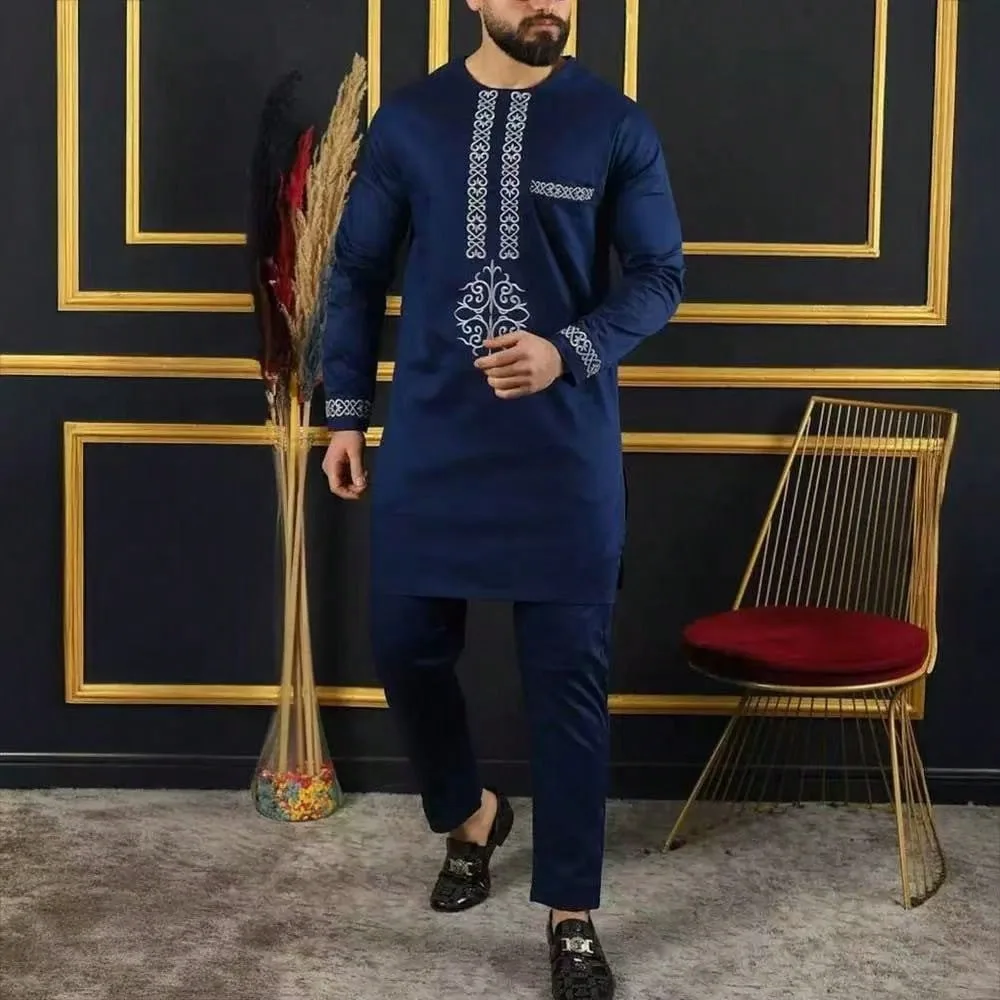 

2 Piece Set Men African Suits Shirt Top Pants 2025 Outfits Embroidery Round Collar Lace Up Trousers Ethnic Traditional Ensemble
