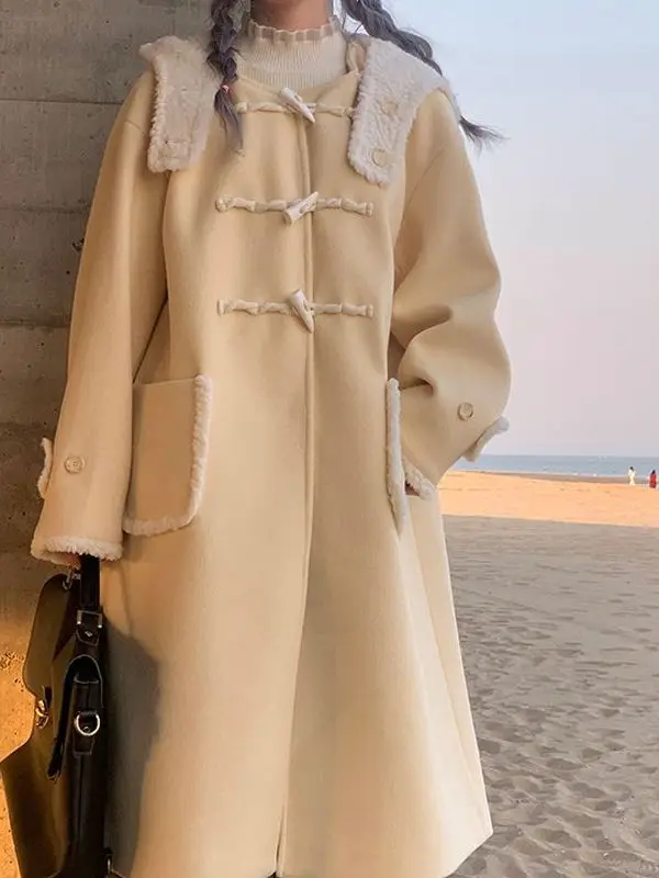 

Korean Sle Woolen Coat Women's Winter Long Splicing High-End Feeling Lambskin Simulation Buttoned Outerwear Faionable Com...
