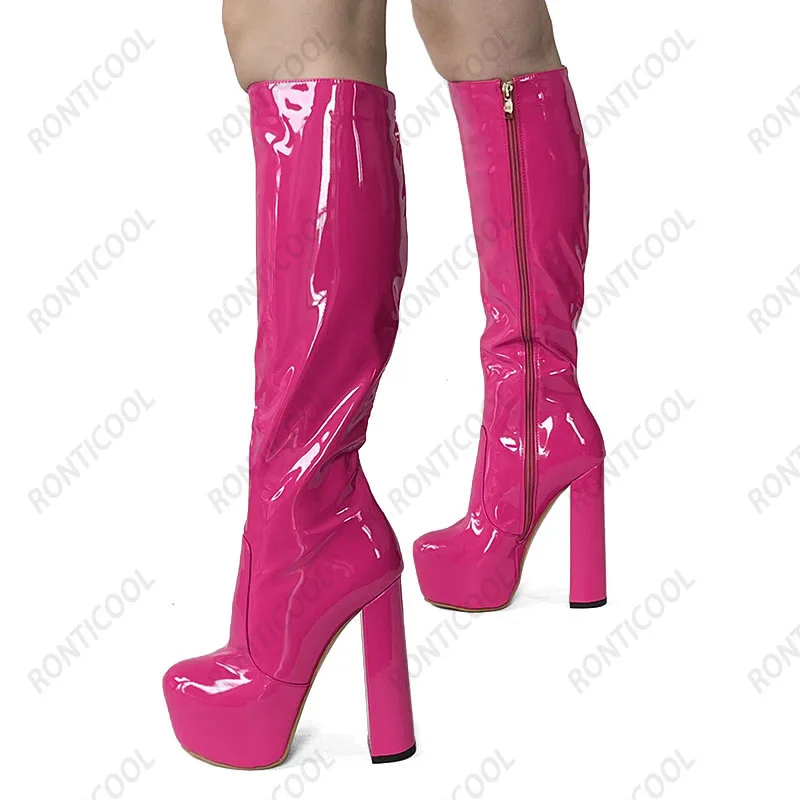 

Ronticool Женские зимние сапоги ручной работы из лакированной кожи с боковой молнией на массивном каблуке с круглым носком, розовые модельные туфли размера США 5-20
