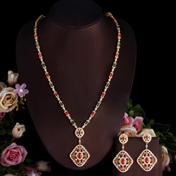 CWWZircons Luxury Multicolor Cubic Zirconia Long Necklace and Earring Dubai Gold Plated Bridal Wedding Party Jewelry Sets T758