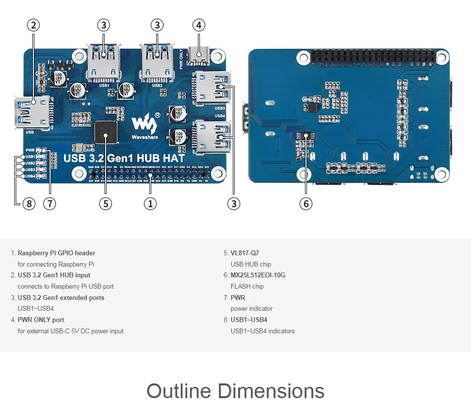 HUB USB PARA PI USB 3.2 Genl Hub HAT para Raspberry Pi 4x USB 3.2 Genl |   Libre de conductor | Plug& Play