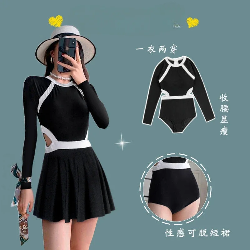 Traje de baño negro de una pieza para mujer, traje de baño Sexy de cintura alta, traje de baño conservador, Monokini de manga corta, ropa de playa acolchada coreana