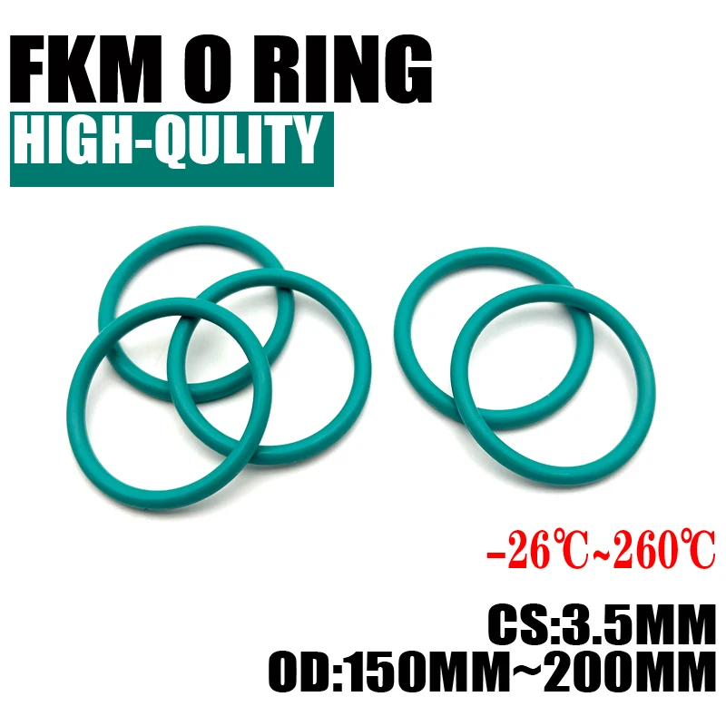 

2Pcs FKM Fluorine Rubber O Ring Sealing Gaskets Thickness CS 3.5mm OD 150~200mm Insulation Oil High Temperature Resistance Green