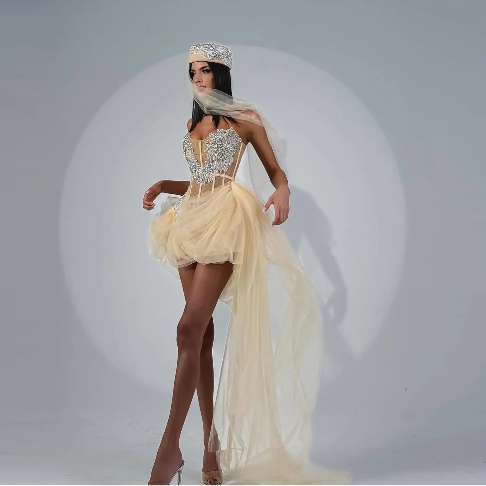 

Light Gold Prom Dresses Beaded Sweetheart Party Gowns Soft Tulle Sheer Corset Sexy Cocktail Dress with Overlay Asymmetrical