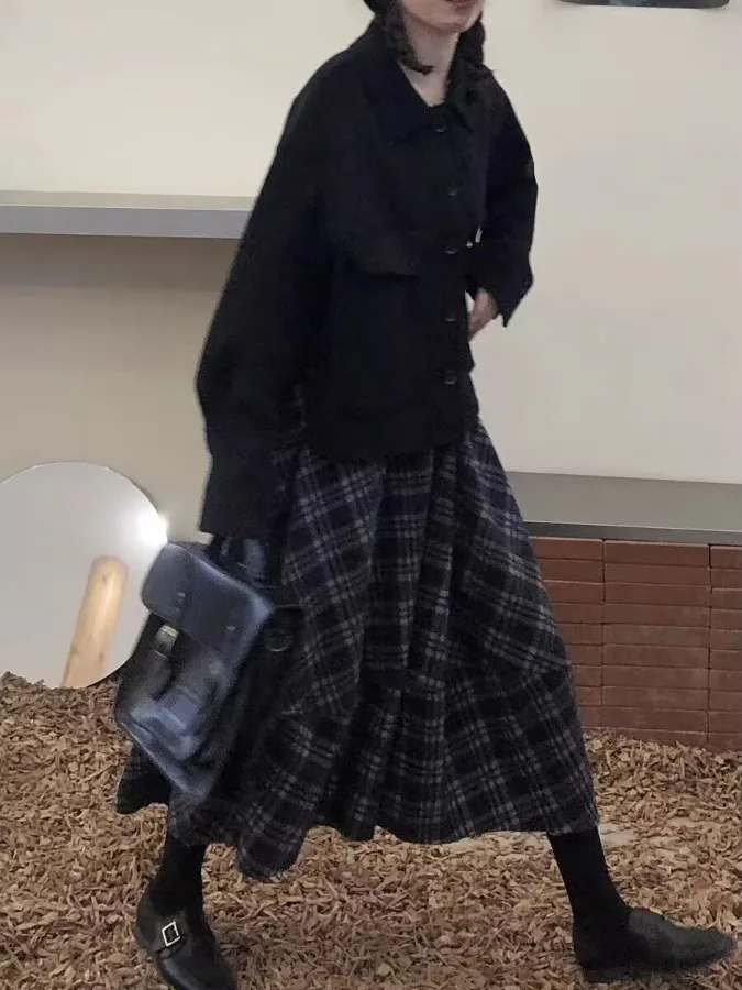 

Женская твидовая клетчатая юбка-миди в стиле ретро, свободная утягивающая эластичная юбка трапециевидной формы с высокой талией для осенне-зимней повседневной поездки на работу