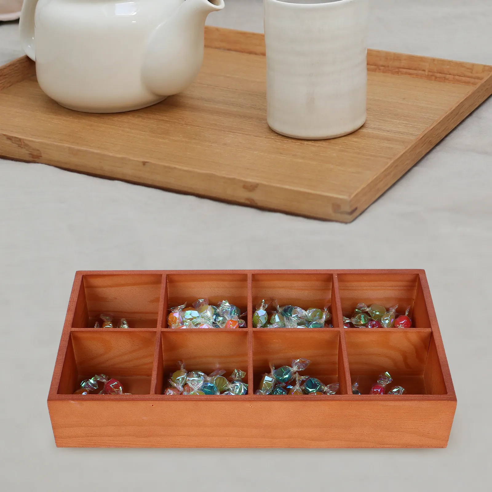 Wooden Grid Organizer Box Multi Compartment Snack Storage Tray Tea Bags Dry Fruits Nuts Desktop Living Room Countertop Serving