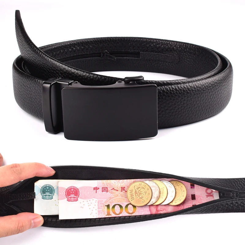 Genuine Leather Men\'s Zipper Cash Anti-theft Belt Travel Hidden Money Strap Wallet Waist Pack Women Outdoor Secret Hiding Belts