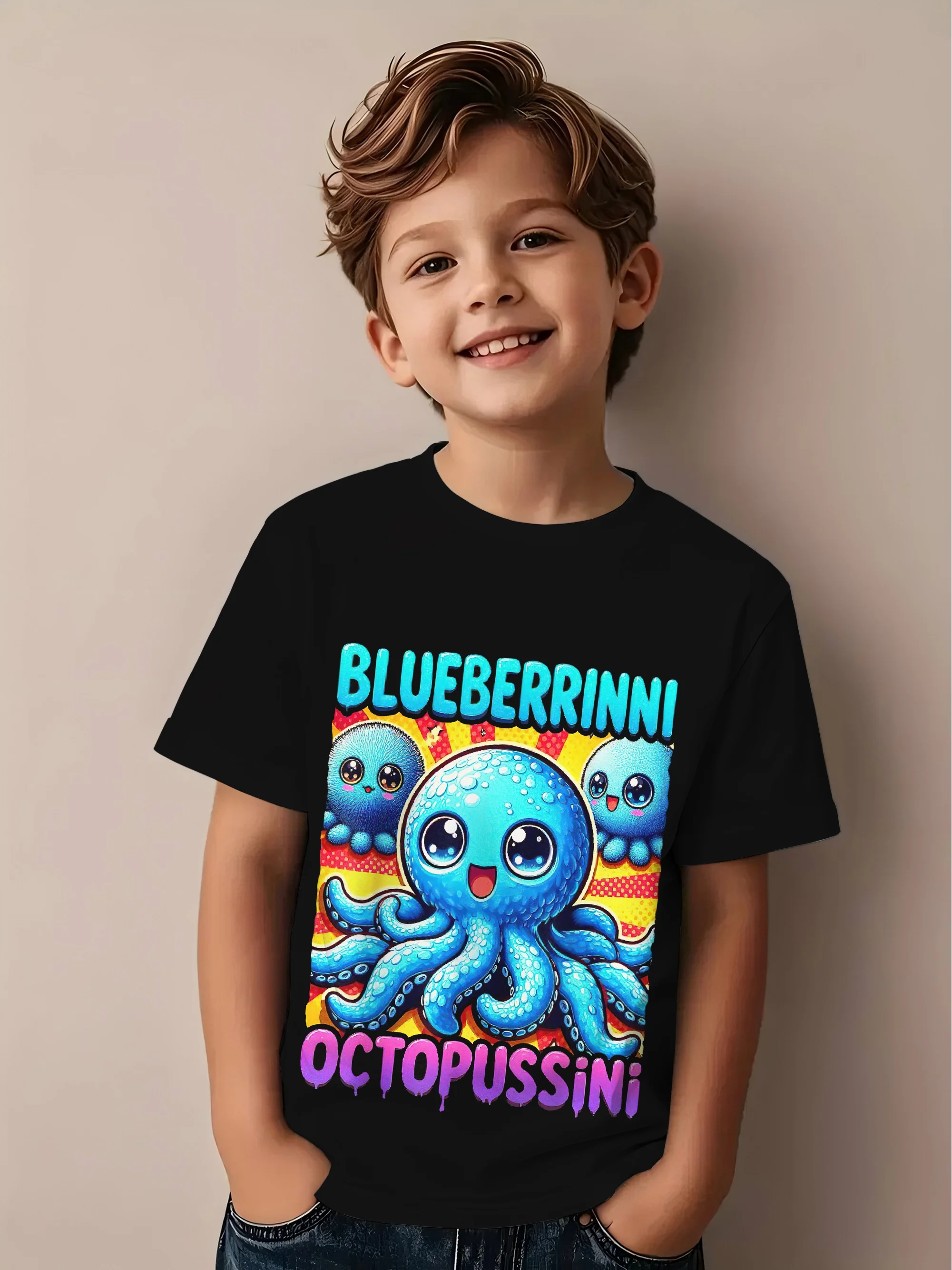 Lustiges Cartoon-Blaubeer-Krake-T-Shirt mit italienischem Gehirnrot-Aufdruck, Kinder-T-Shirt, Sommer-Mädchen-Jungen-Shirt, lässige Tops, Rundhalsausschnitt-Kleidung