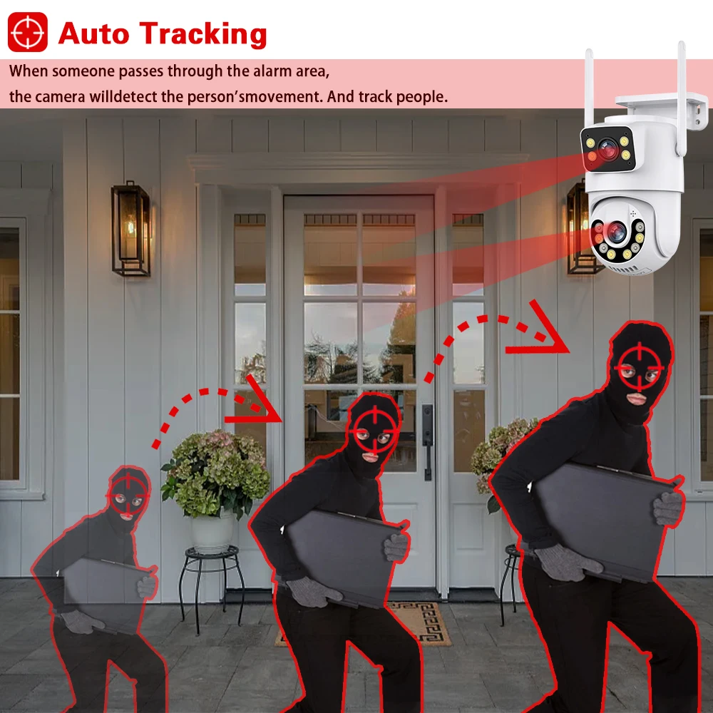 Câmera de vigilância de segurança impermeável ao ar livre, lente dupla, PTZ, rastreamento automático AI, casa inteligente, P2P, IP, 8MP, 4K, WiFi