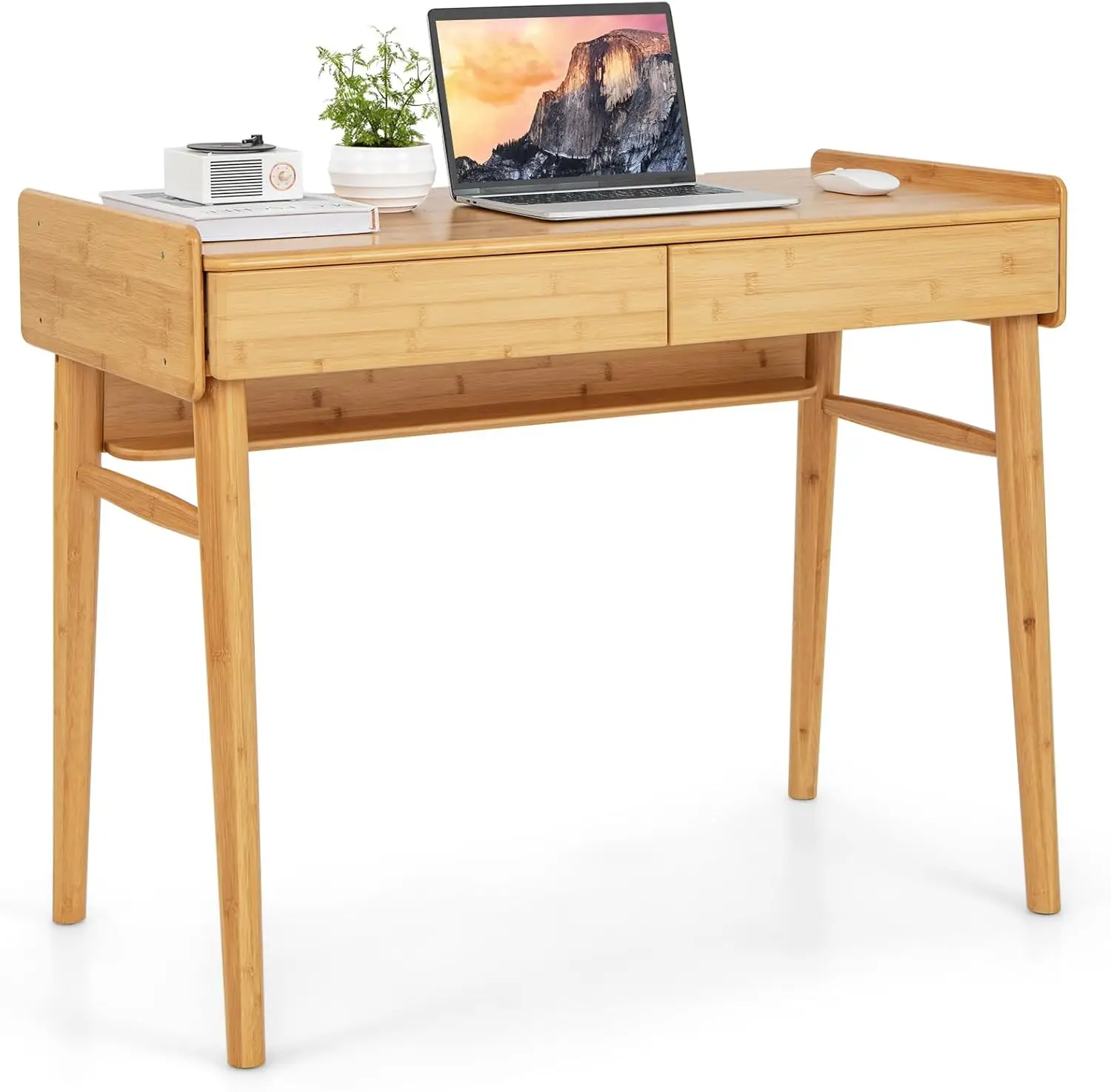 

Bamboo Mid Century Desk with 2 Storage Drawers, Home Office Study Writing Desk with Shelf & Cable Management Groove, Ho