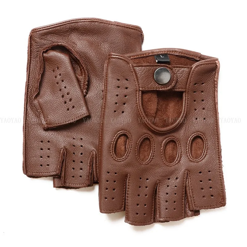 2026 New High Quality Half Finger Men Genuine Leather Gloves Goatskin Gloves Fashion Men Breathable Driving Gloves Male Mittens 2