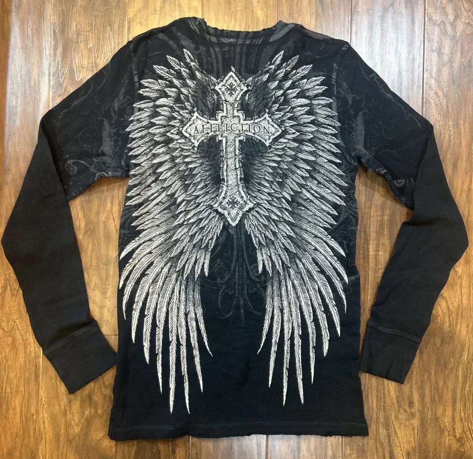 Mens Affliction Harajuku Y2K Hip Hop Water Washed Retro Round Neck Oversized T Shirt Long Sleeve Gothic Couple Tops