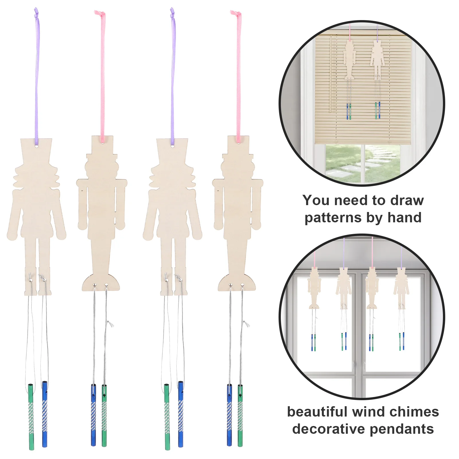 

1Set Wooden Nutcracker Wind Bell DIY Paintable Hanging Wind Chime Blank Board Decorative Doodle Pendant for Home Garden Craft