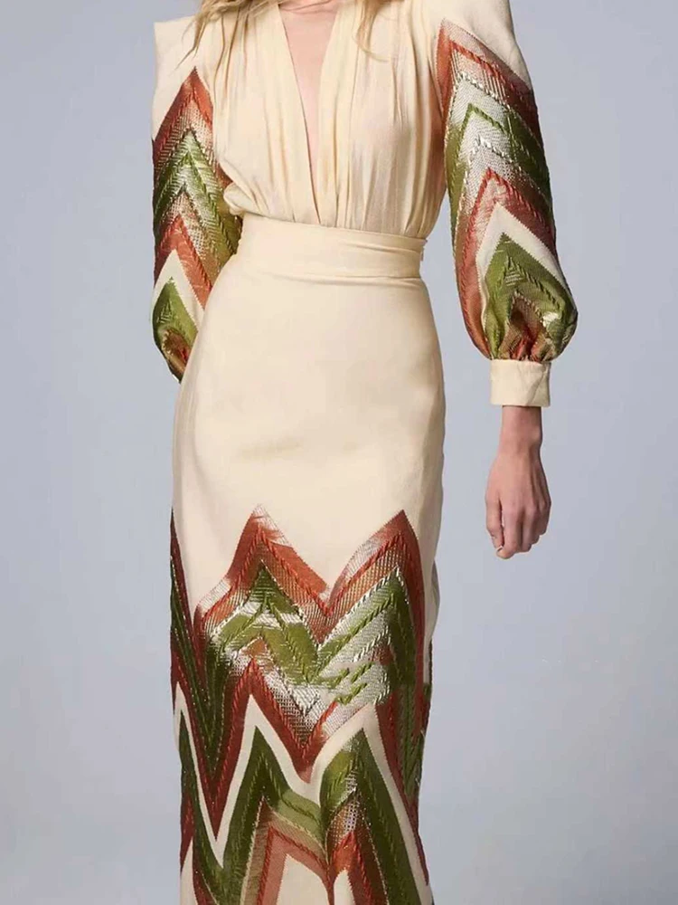 Vintage Contrast Color Commute 2 Piece Sets Sexy V-neck Lantern Sleeve Tops&Skirts Sets Temperament High Waist Half Skirts Suits