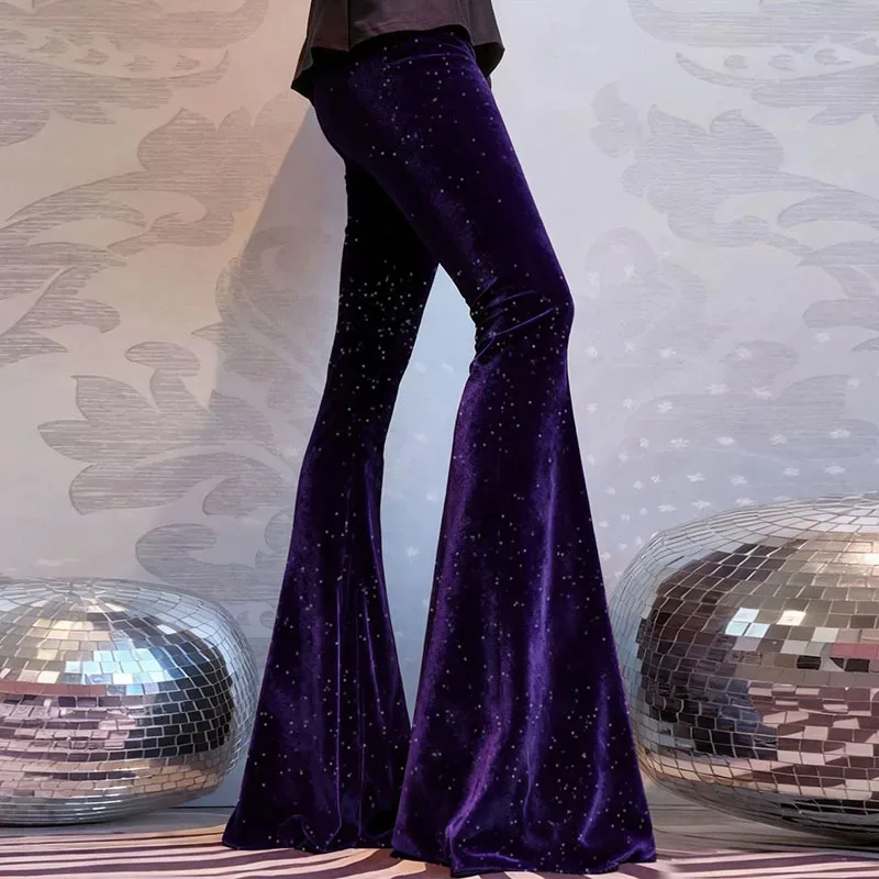 セクシーなダイヤモンド光沢のあるベルベットフレアパンツ女性 2026 春エレガントなハイウエストスリムロングパンツ秋のファッション快適なソフトパンツ