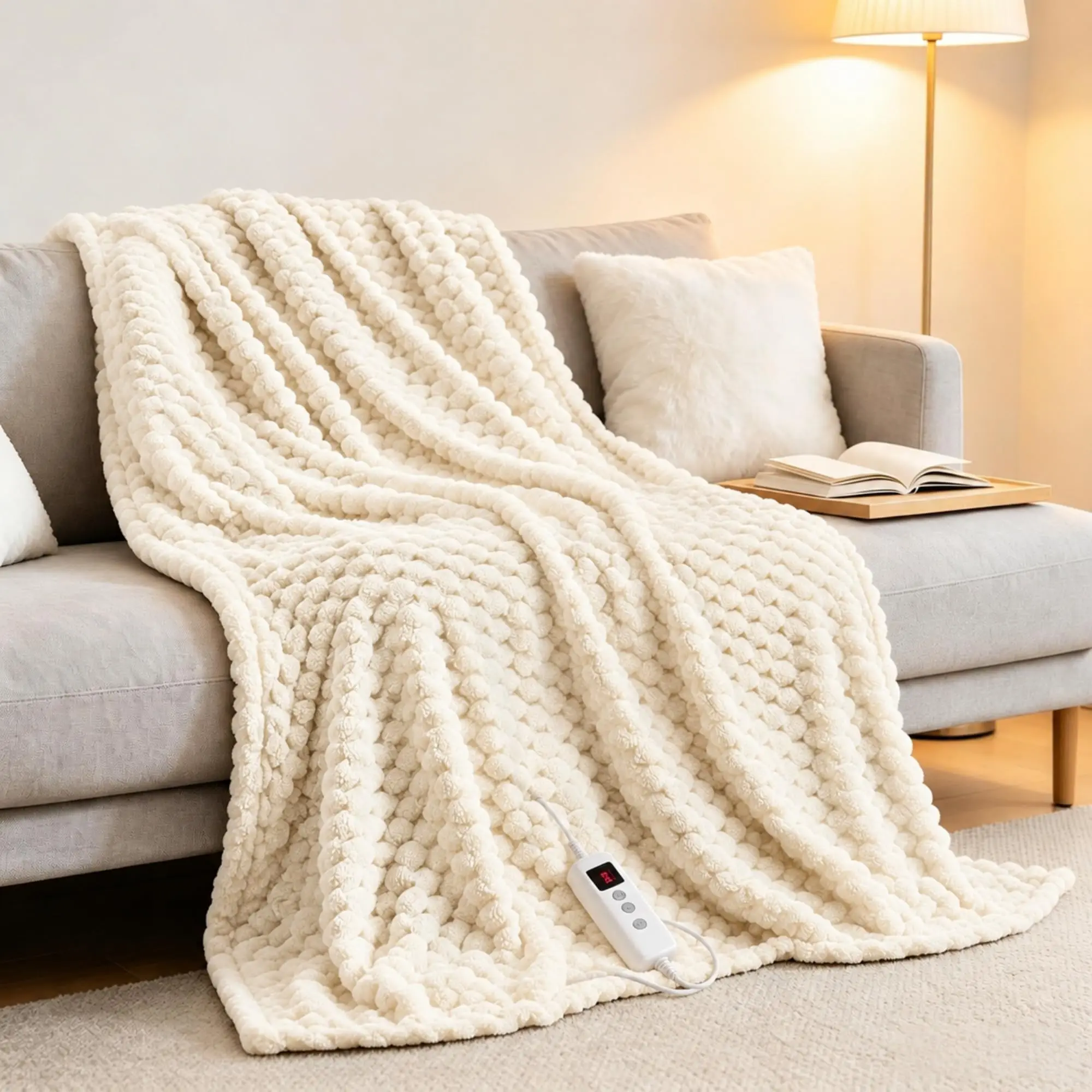 50x60inch Heated Blanket 90x100inch Throw Soft Ribbed Flannel Electric Blanket Fast Heating Auto Shut-Off Gifts Gray/Pink/Ivory