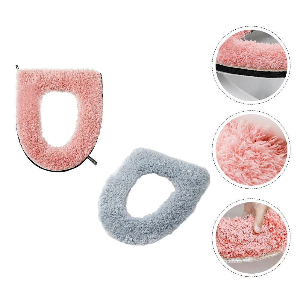 

2Pcs Warm Toilet Seat Cushion Flannelette Zipper Easy Install Portable Toilet Cover Waterproof Soft Winter Bathroom Supplies