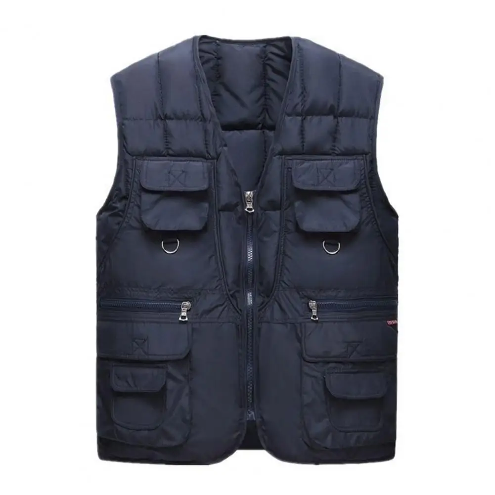 

Men Vest Jacket Men's Sleeveless Winter Vest with Multiple Pockets Zipper Closure Solid Color Warm Coat for Autumn Fashion Solid