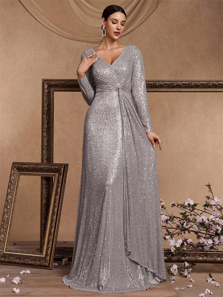 

Lucyinlove Luxury Floor Length V-Neck Evening Dress Women Elegant Party Maxi Dress Sequin Long Sleeves Prom Cocktail Dress Gowns