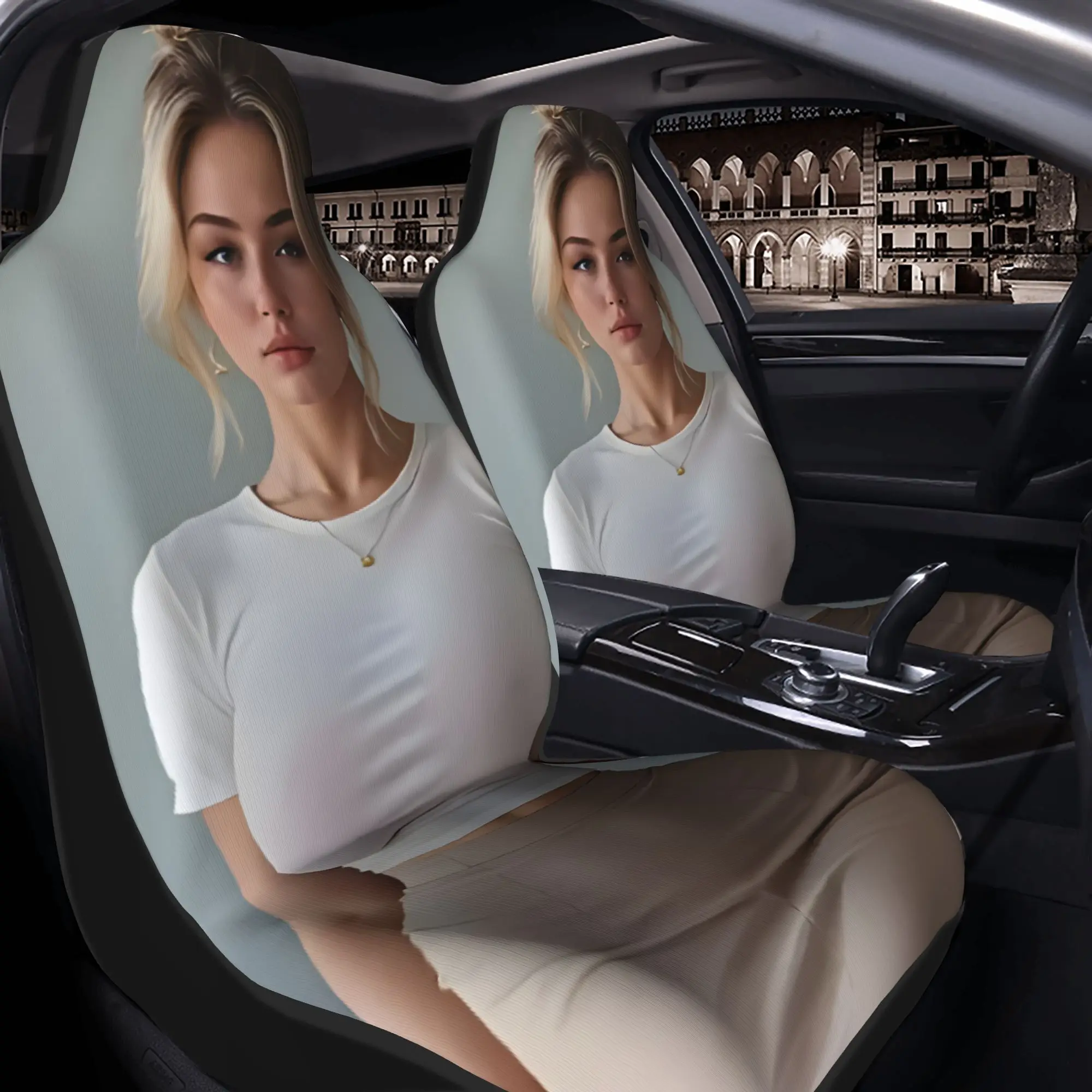 Two Pieces: An Impressive Lady Wearing A White Crop Top And Beige Skirt Exudes Confidence In An Office Environment. Car Seat Cov