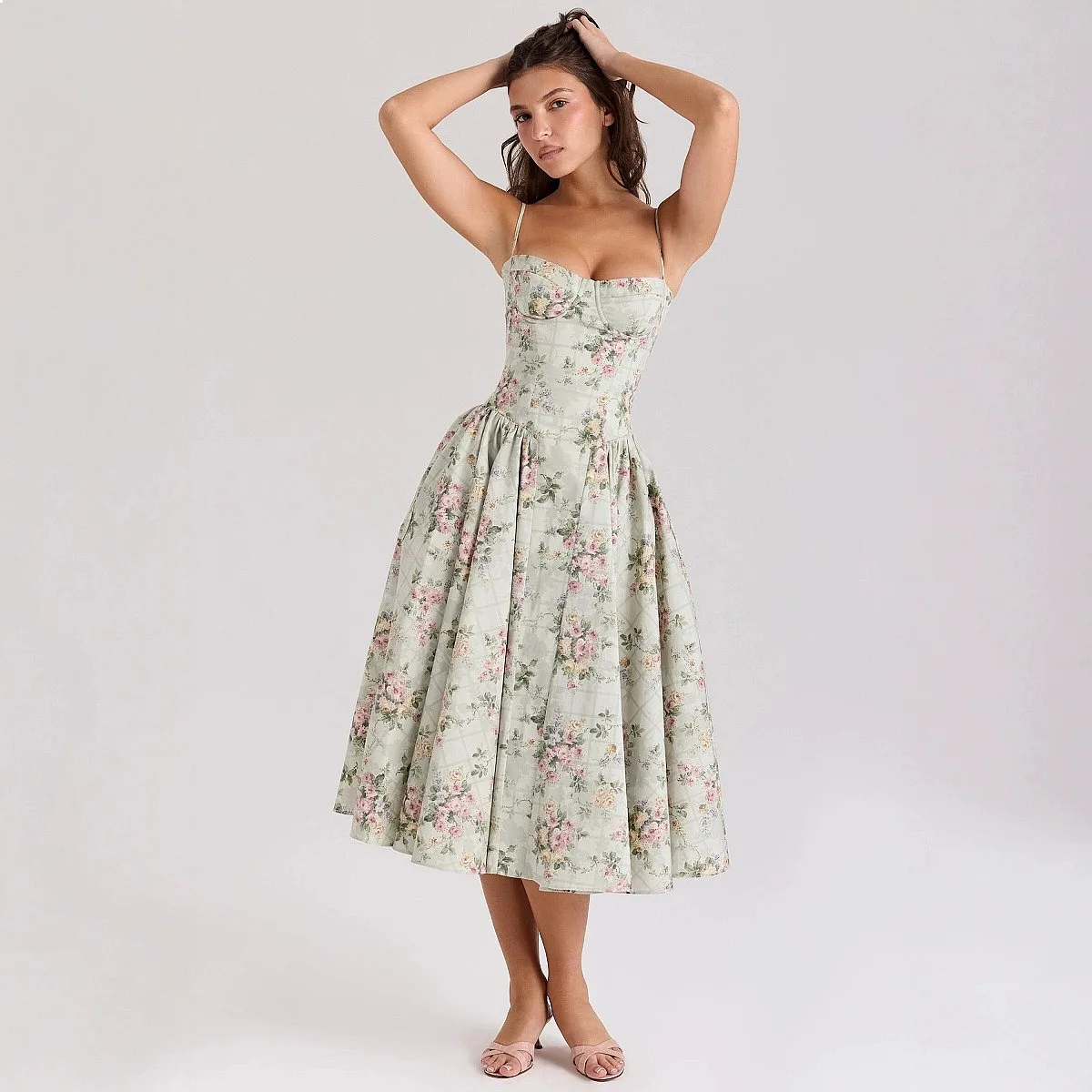 House French Vintage Green Floral Square Neck Steel Boned Waist Ruched Strap Dress Dresses