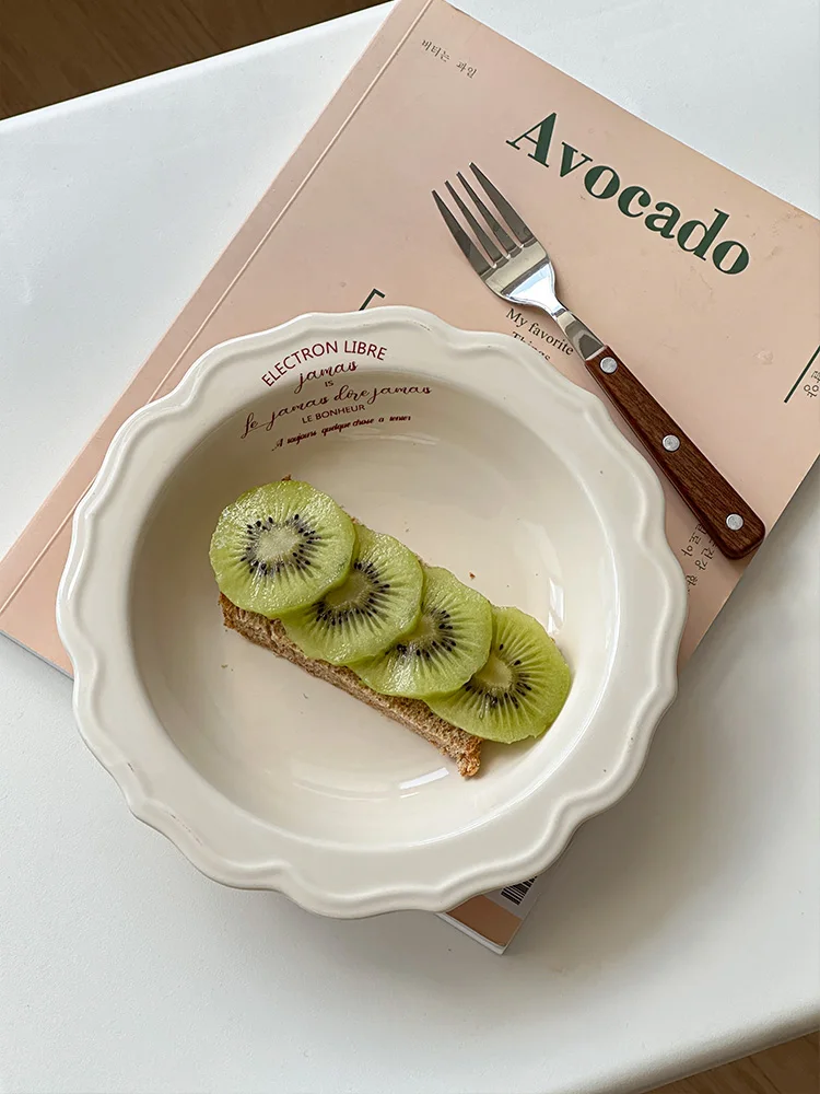 Ins Style Simple Ceramic Cutlery Bowl French Letter Pattern Household Fruit Plate High Quality Daily Breakfast Bread Snack Plate