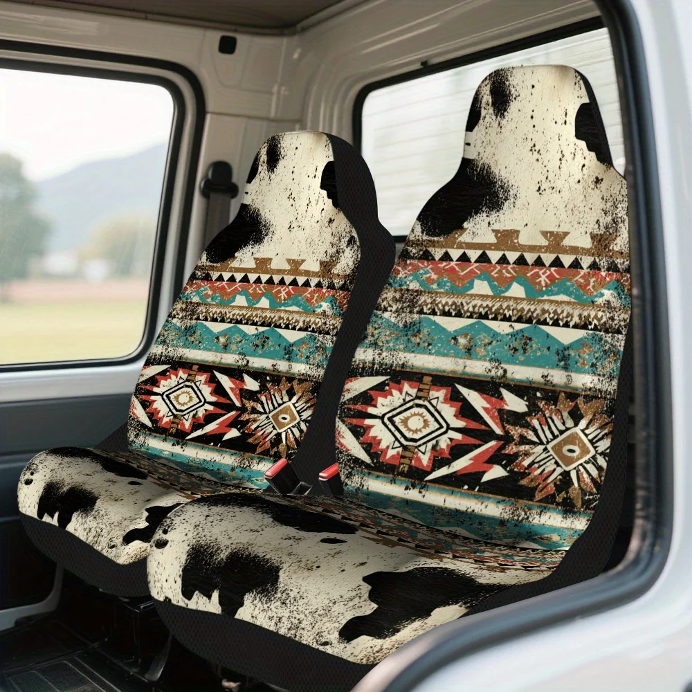2pcs Cowhide Aztec Mix Themed Car Seat Cover Set – High-Quality, Stylish Full Set For Most Cars, Fit, Durable Design, Front Sea