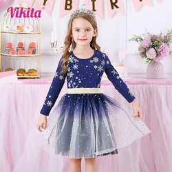 VIKITA Girls Snowflakes Print Christmas New Year Xmas Festival Princess Elegant Dresses Kids Long Sleeve Autumn Winter Dresses