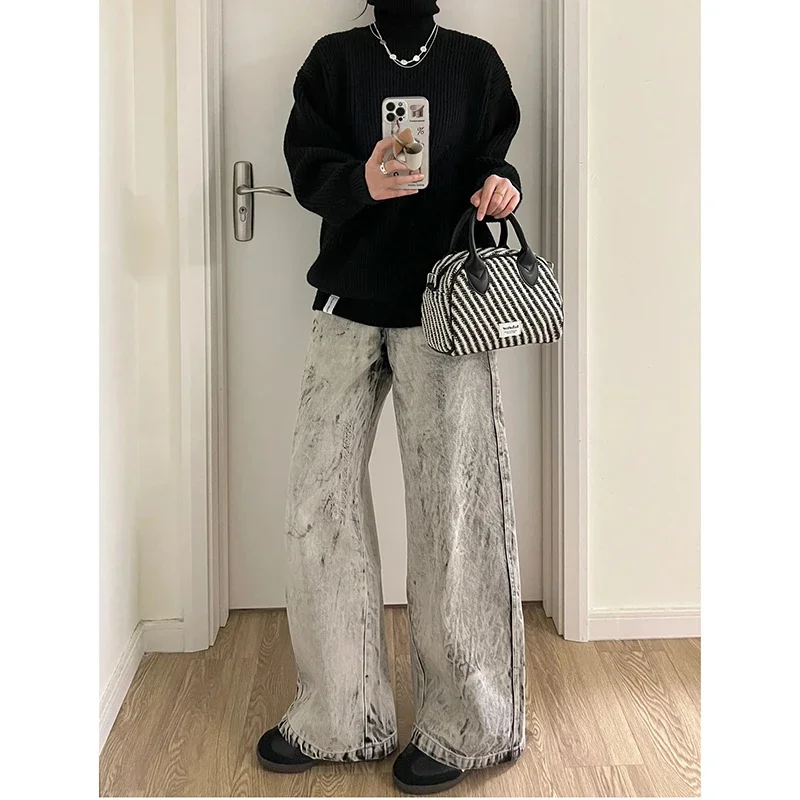 Aesthetics Harajuku Vintage High Waist Oversized Jeans Pant Women Casual Baggy Y2K Wide Leg Grunge Streetwear Grey Denim Trouser