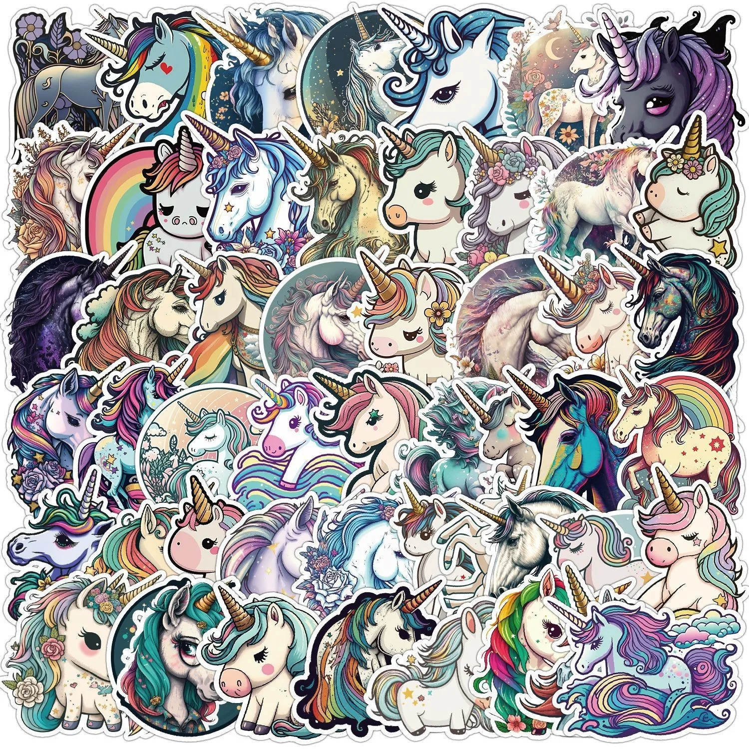 Vielfältige 50 Stück Cartoon-Einhorn-Graffiti-Aufkleber für Gepäck, Auto, Notizbuch, Skateboard, Schreibwaren, Wasserfeste Dekorative Sticker