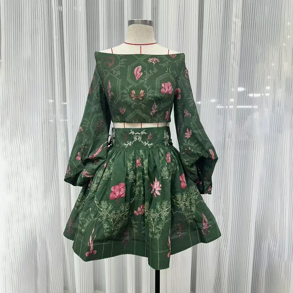 VGH Boho Printing Two Piece Sets for Women Slash Neck Lantern Sleeve Backless Top High Waist Mini Puff Skirt Suits Female New