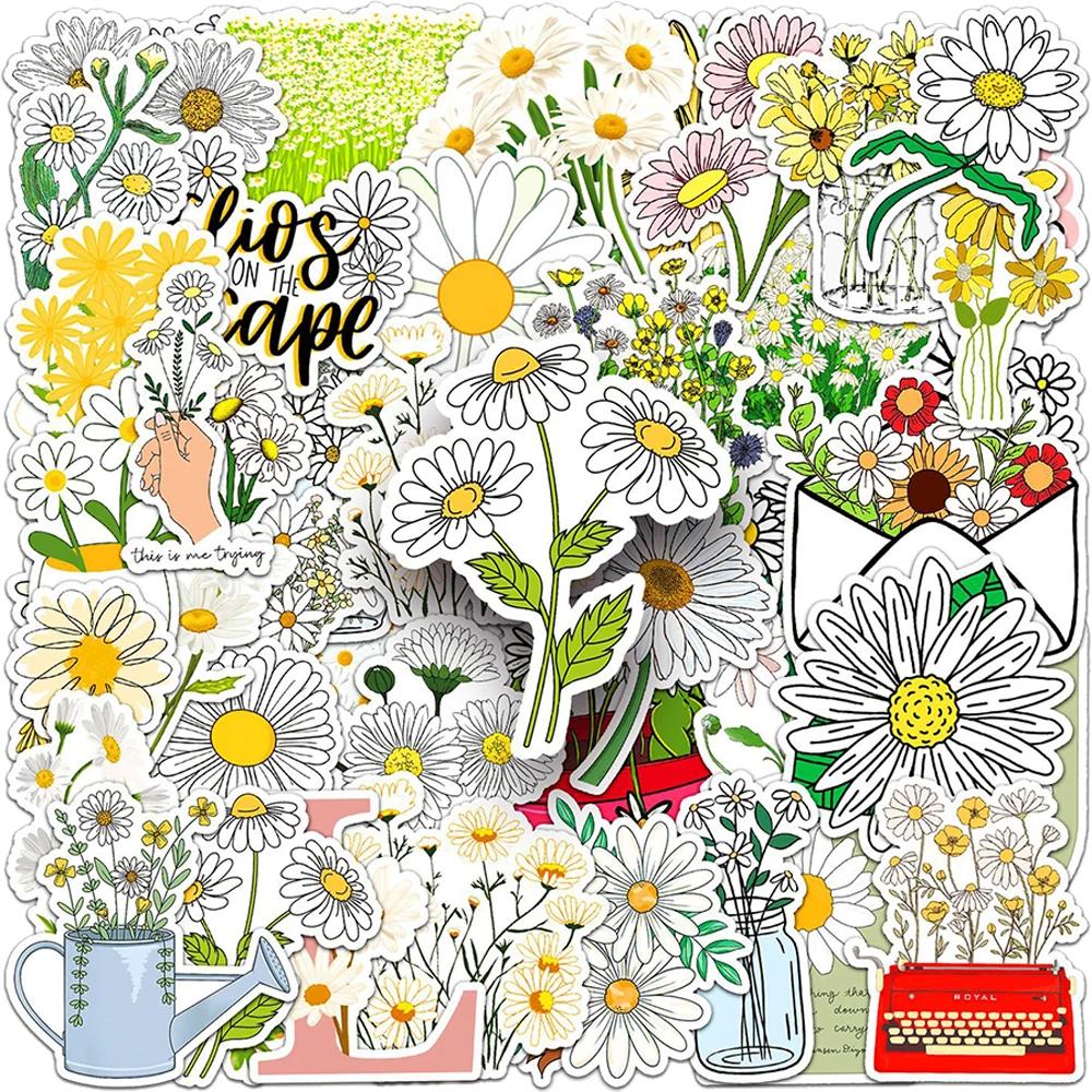 10/30/50 Stück Niedliche Weiße Gänseblümchen Cartoon-Aufkleber Kawaii Blumen Ästhetische Sticker für Koffer, Handy, Laptop, Tagebuch, Dekoration
